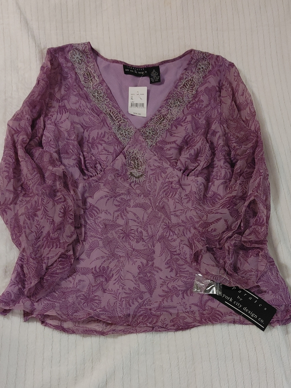 Lavender Lace-Trim V-Neck Blouse